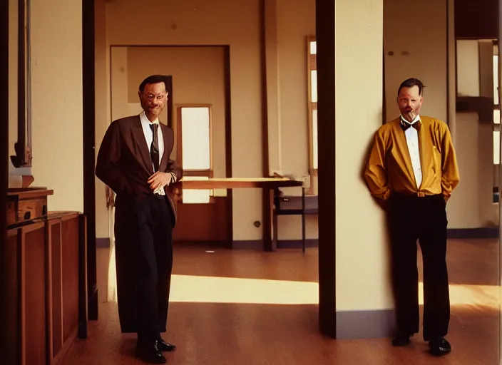 Prompt: realistic photo portrait of the person, brown mustard shirt, formal suit, black tie,, wooden polished and fancy expensive wooden laboratory hall interior 1 9 9 0, life magazine reportage photo