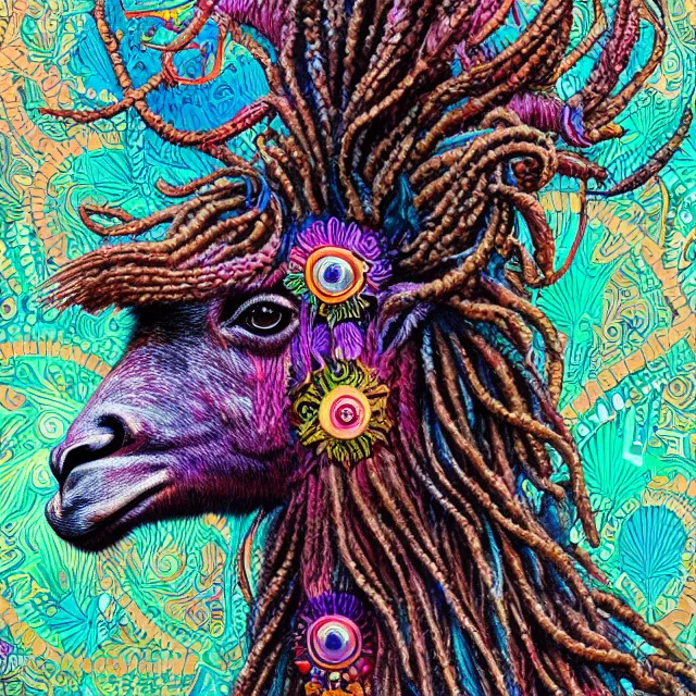 Prompt: llama with dreadlocks, colorful, detailed by ernst haeckel, james jean, mandy jurgens