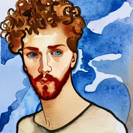 Image similar to abstract experimental watercolor drawing of a young cute handsome beautiful androgynous strawberry blond medium curly hair man in his early 2 0 s wearing a blank maroon t - shirt with grey - blue eyes, by elizabeth peyton and alphonse mucha and vincent van gogh, trending on artstation