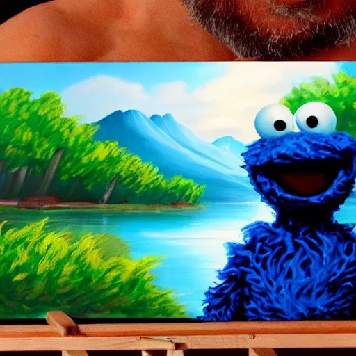 Image similar to a closeup photorealistic photograph of bob ross working on a canvas painting of cookie monster. film still. brightly lit scene. mountains and trees. this 4 k hd image is trending on artstation, featured on behance, well - rendered, extra crisp, features intricate detail, epic composition and the style of unreal engine.