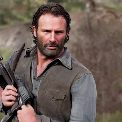 Prompt: Film still of Arthur Morgan as Rick Grimes, from The Walking Dead (2010 TV Show)