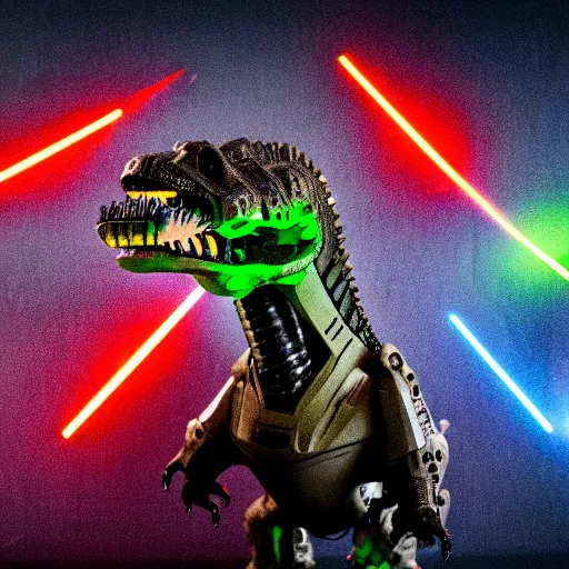 Image similar to threeheaded cyborg tyrannosaurus rex with lasers. 8 5 mm f / 1. 4