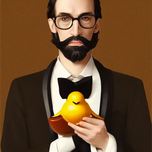 Prompt: a german very long light brown hair guy with glasses and stubble beard on a tuxedo holding a rubber duck!, trade offer meme, art by greg rutkowski, intricate, elegant, sharp focus, digital painting, concept art, matte, art by artgerm