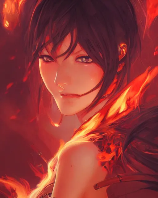 Prompt: red eyed anime girl, flames everywhere, highly detailed, digital painting, artstation, concept art, smooth, sharp focus, illustration, art by artgerm and greg rutkowski and alphonse mucha