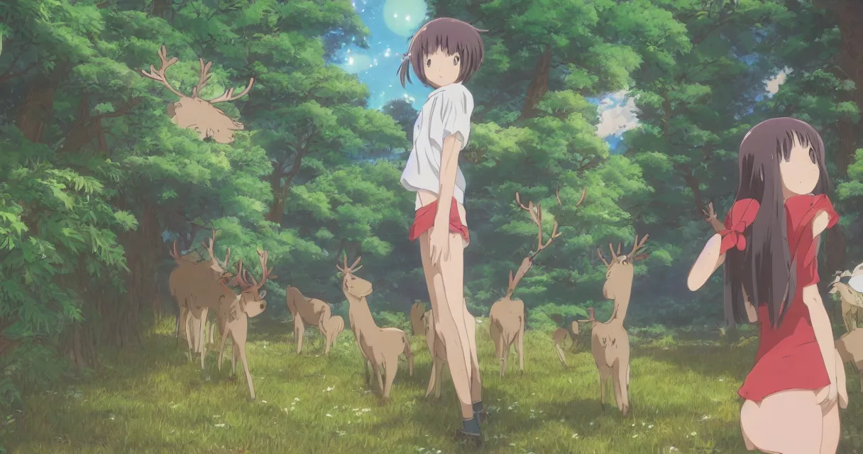 Image similar to anime girl peeking behind a bush while looking at a pack of reindeers, beautiful ambiance, studio ghibli style, by hayao miyazaki, sharp focus, very detailed, 4k