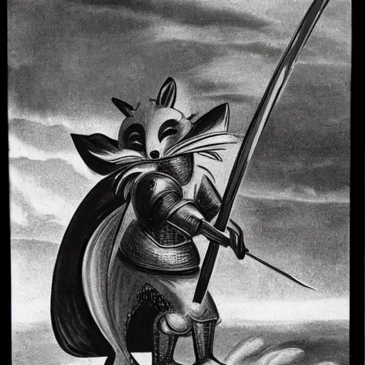 Image similar to anthropomorphic fox who is a medieval knight holding a sword towards a stormy thundercloud, 1930s film