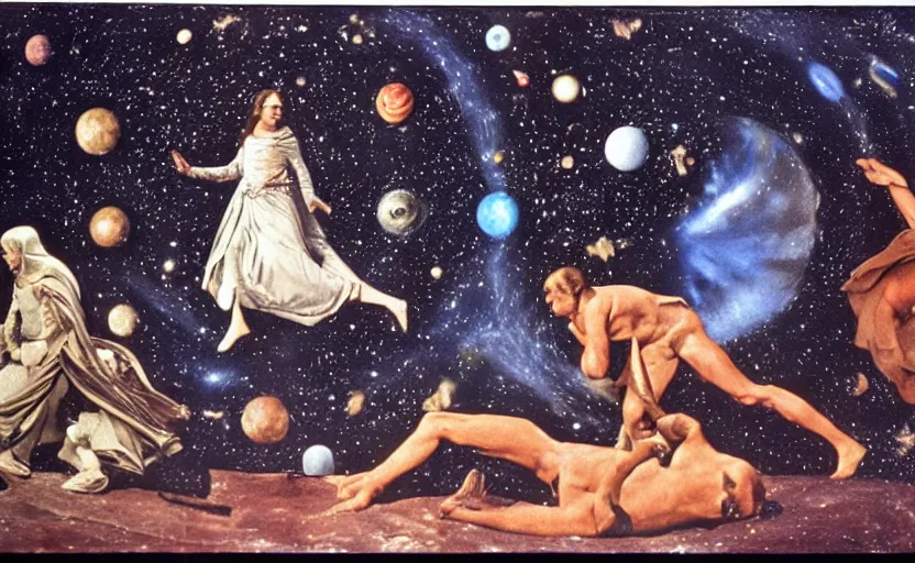 Prompt: scene from cosmologica ( 1 9 6 9 ), a movie by luchino visconti showing a man played by mastroianni leaving the medieval cosmos to enter the new modern universe in the style of renaissance cosmological painting. blue sky with a lot of stars and planets. cinematic, technicolor, direct lighting, highly detailed, highly intricate.