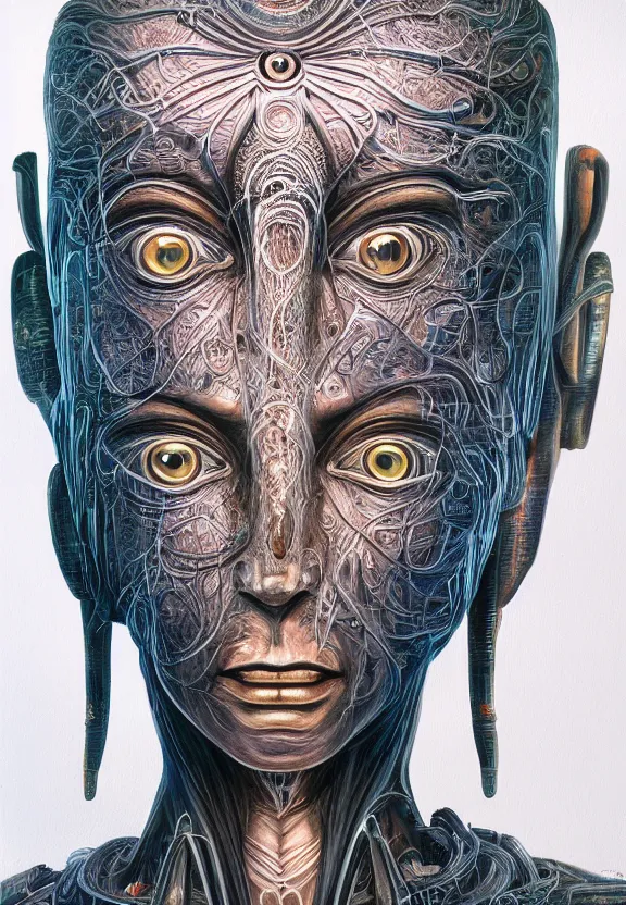 Image similar to perfectly centered portrait, front view of a beautiful biomechanical cyberpunk alien android robot buddha, female, flowing hair, intense stare, sarcastic smile, symmetrical, concept art, intricate detail, volumetric shadows and lighting, realistic oil painting by alex grey and h. r giger,