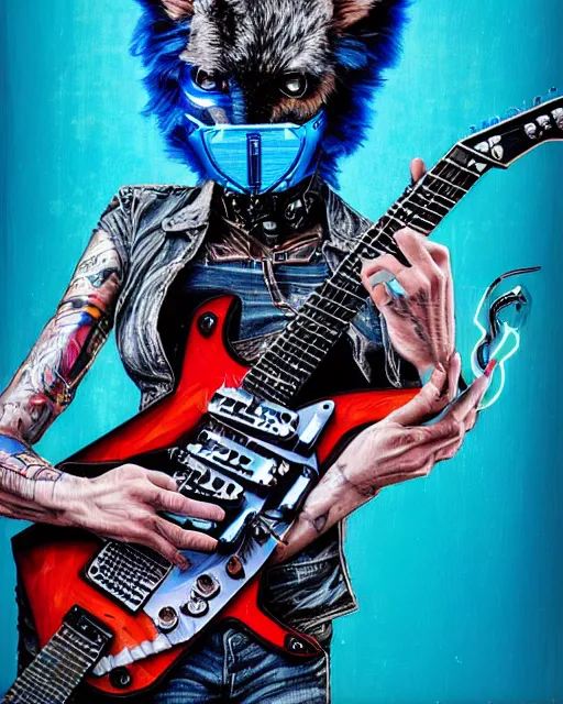 Image similar to a portrait of an anthropomorphic cyberpunk blue lhama shredding an electric guitar by sandra chevrier, by jon foster, detailed render, tape deck, epic composition, cybernetics, 4 k realistic, cryengine, realistic shaded lighting, sharp focus, masterpiece, by enki bilal