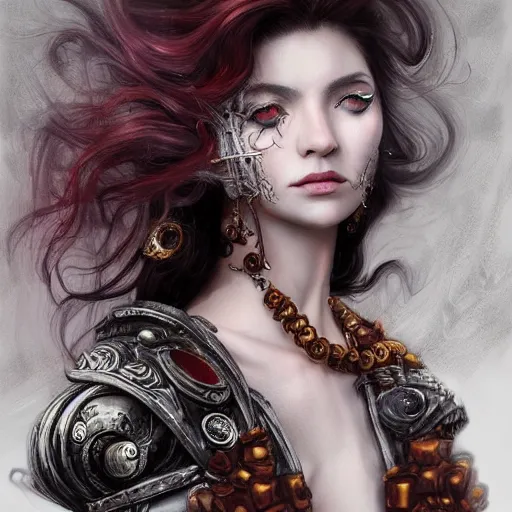 Image similar to portrait, headshot, insanely nice professional hair style, dramatic hair color, digital painting, of a old 17th century, old cyborg merchant, amber jewels, baroque, ornate clothing, scifi, realistic, hyperdetailed, chiaroscuro, concept art, art by Franz Hals and Jon Foster and Ayami Kojima and Amano and Karol Bak,