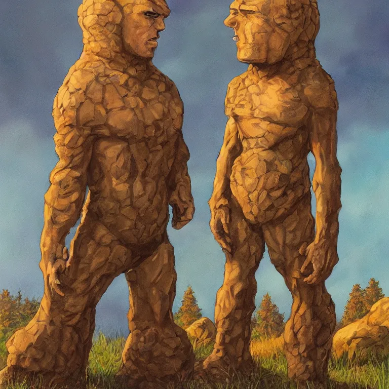 Prompt: a beautiful portrait painting in the style of larry elmore of a stone golem standing center frame at summer camp