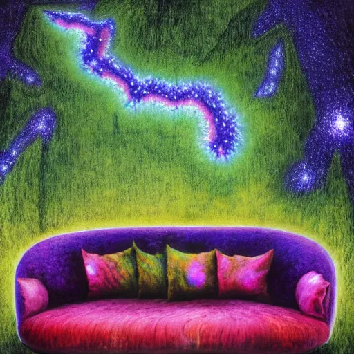 Image similar to psychedelic couch sofa in the lush pine forest, milky way, designed by arnold bocklin, jules bastien - lepage, tarsila do amaral, wayne barlowe and gustave baumann, cheval michael, trending on artstation, cinematic, star, sharp focus, colorful refracted sparkles and lines, soft light, 8 k 4 k