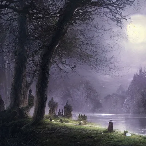 Image similar to a hidden entrance in the trees, victorian setting, dramatic light, castle background, clouds, moon, storm, night, high detail, fantasy background, painted by greg rutkowski, digital art, trending on artstation