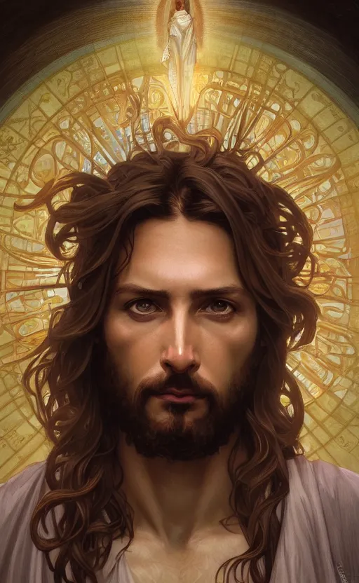 Image similar to Portrait of Jesus with a divine halo, intricate, headshot, highly detailed, digital painting, artstation, concept art, sharp focus, cinematic lighting, illustration, art by artgerm and greg rutkowski, alphonse mucha, cgsociety