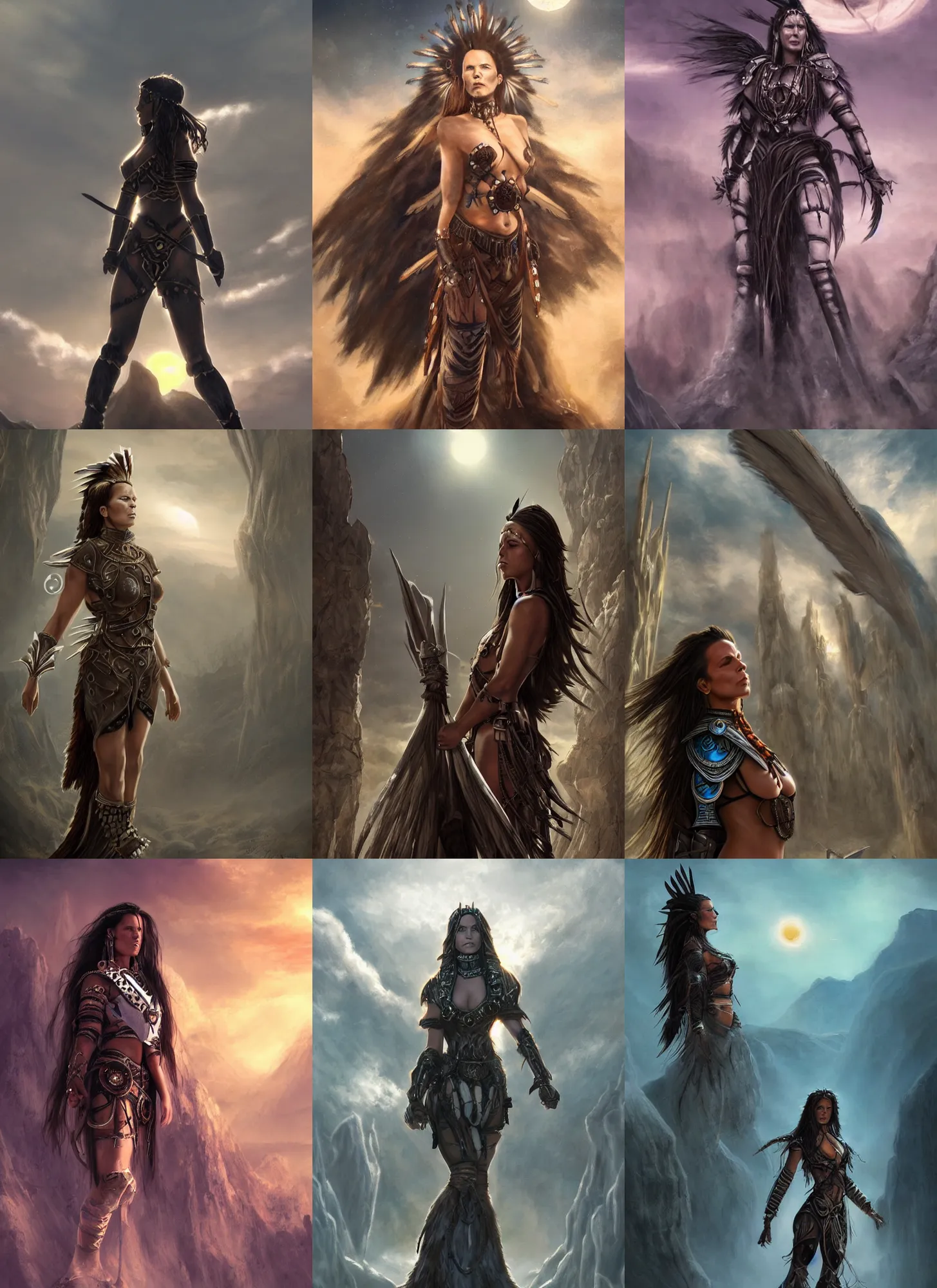 Prompt: indigenous woman starring at the sky, with arms up, praying at the sun, weared in full plate armor, face of kate beckinsale, gorgeous female, dungeon background, matte painting, fantasy art