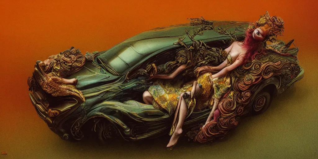 Prompt: a closeup photo of a female rococo fashion botanical face shadow jelly fish fashion model, lying on a cadillac front boot, style by beksinski artgerm beeple odd nerdrum, featured print by dan mumford brock hofer james stokoe peter max, rendered in octane 8 k
