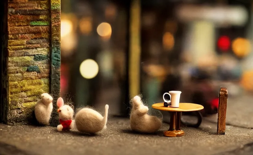 Image similar to miniature cafe diorama macro photography, cafe with felted mice, alleyway, ambient, atmospheric, british, bokeh, romantic