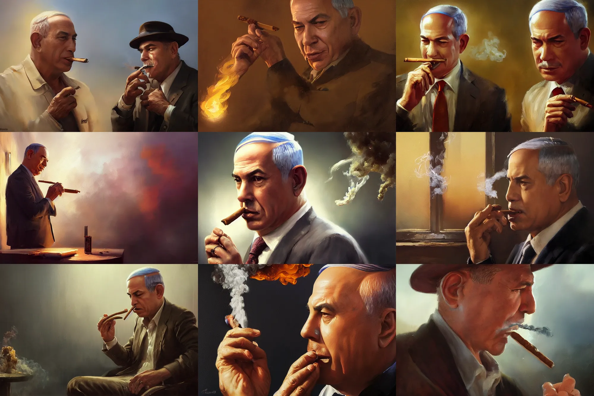 Prompt: an oil painting of bibi netanyahu smoking a cuban cigar, ultra realistic, highly detailed, masterpiece, cinematic by greg rutkowski, frank frazetta, beeple, christian macnevin, beeple, wlop, krenz cushart, epic character art, volumetric lighting, cgsociety