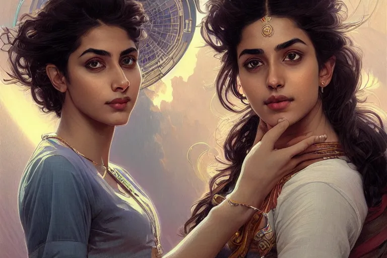 Image similar to Sensual good looking pale young Indian doctors wearing jeans in a space elevator above Earth, portrait, elegant, intricate, digital painting, artstation, concept art, smooth, sharp focus, illustration, art by artgerm and greg rutkowski and alphonse mucha