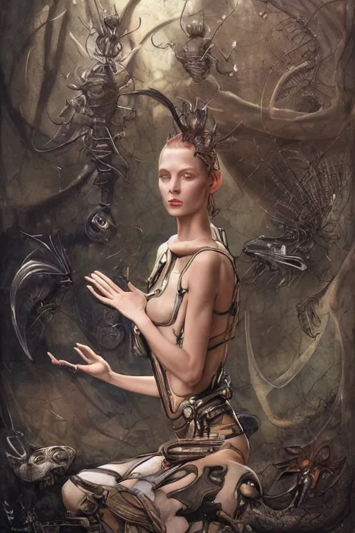 Image similar to a fashion editorial of a alien with scaled skin meditating. she is wearing a tactical suit and has many body modifications. by tom bagshaw, donato giancola, hans holbein, walton ford, gaston bussiere, brian froud, peter mohrbacher and magali villeneuve. 8 k, fashion editorial, cgsociety