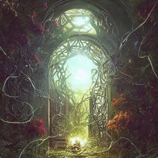 Prompt: the gates to the Abandoned multiverse portals cover is thick Vines from the Pangea,bright,soft,by greg rutkowski and rossdraws and victo nagi