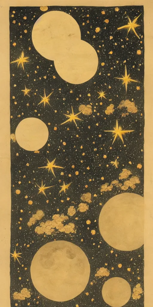 Prompt: oriental painting of the nebula, moon is high above the earth, detailed, refined, high quality, parchment, blackened space, lots of stars