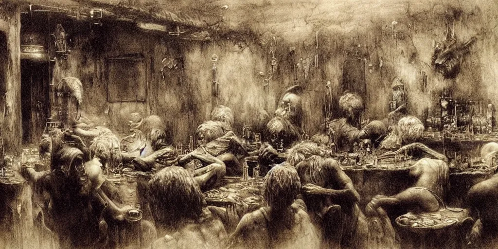 Image similar to busy tavern scene by Beksinski, Luis Royo