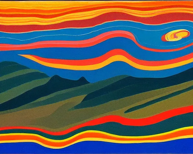 Image similar to A wild, insane, modernist landscape painting. Wild energy patterns rippling in all directions. Curves, organic, zig-zags. Saturated color. Mountains. Clouds. Rushing water. Wayne Thiebaud. Lisa Yuskavage landscape.