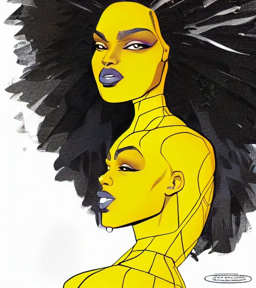 Image similar to a digital painting of a black woman with futuristic hair, side portrait, yellow highlights, a comic book panel by Craig Thompson, behance contest winner, afrofuturism, marvel comics, official art, artstation hq