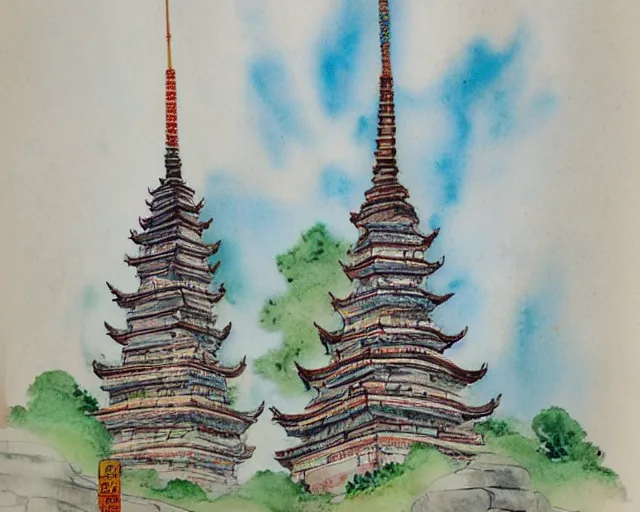 Prompt: twin buddhist pagodas made of stone, in landscape, traditional chinese watercolor,