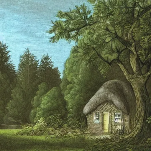 Prompt: Illustration of a cottage in the woods