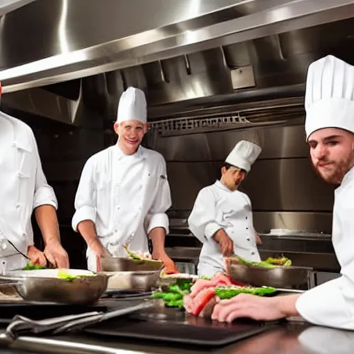 Prompt: a group of chef mice cooking steak, working together