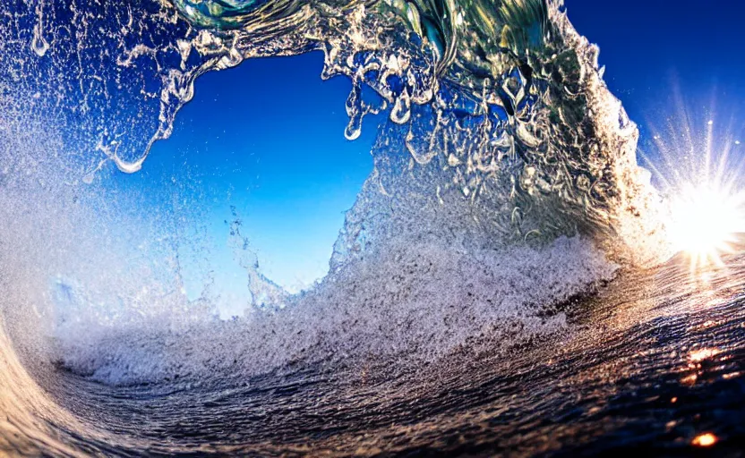 Prompt: high - speed extreme close - up photography through the curl of a breaking ocean wave catching the sunlight, water spray, blue sky