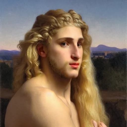 Prompt: PORTRAIT Painting of a blond male Venus Apollo. LONG CURLY blond hair. Sharp angular face high cheekbones hooked nose. Art by william adolphe bouguereau. During golden hour. Extremely detailed. Beautiful. 4K. Award winning.