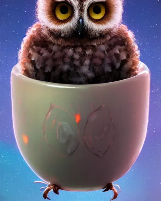 Image similar to long shot of a very cute owl chick nesting in a very futuristic cup, esao andrews, humorous illustration, hyperrealistic, big depth of field, warm colors, night scenery, low light, 3 d octane render, 4 k, conceptart, hyperdetailed, hyperrealistic, trending on artstation