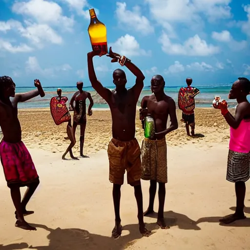 Prompt: bang man drinking bongo beer on tanzania on bongo beach dancing to bongo music Africa bongo people and love, realistic photo, surreal place