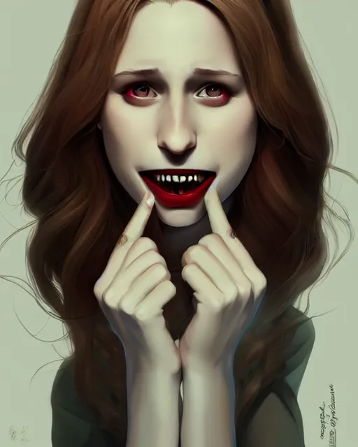 Prompt: in the style of Joshua Middleton and artgerm, beautiful evil vampire Taissa Farmiga fangs open mouth, full body, moody lighting
