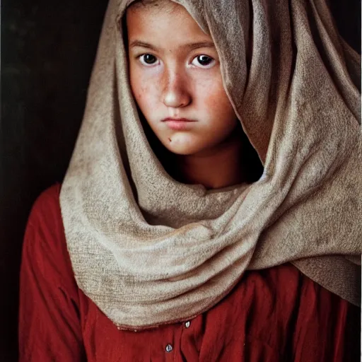Prompt: well-lit studio portrait of 15-year old girl with wide, anxious eyes and parted lips wearing a shawl by Steve McCurry