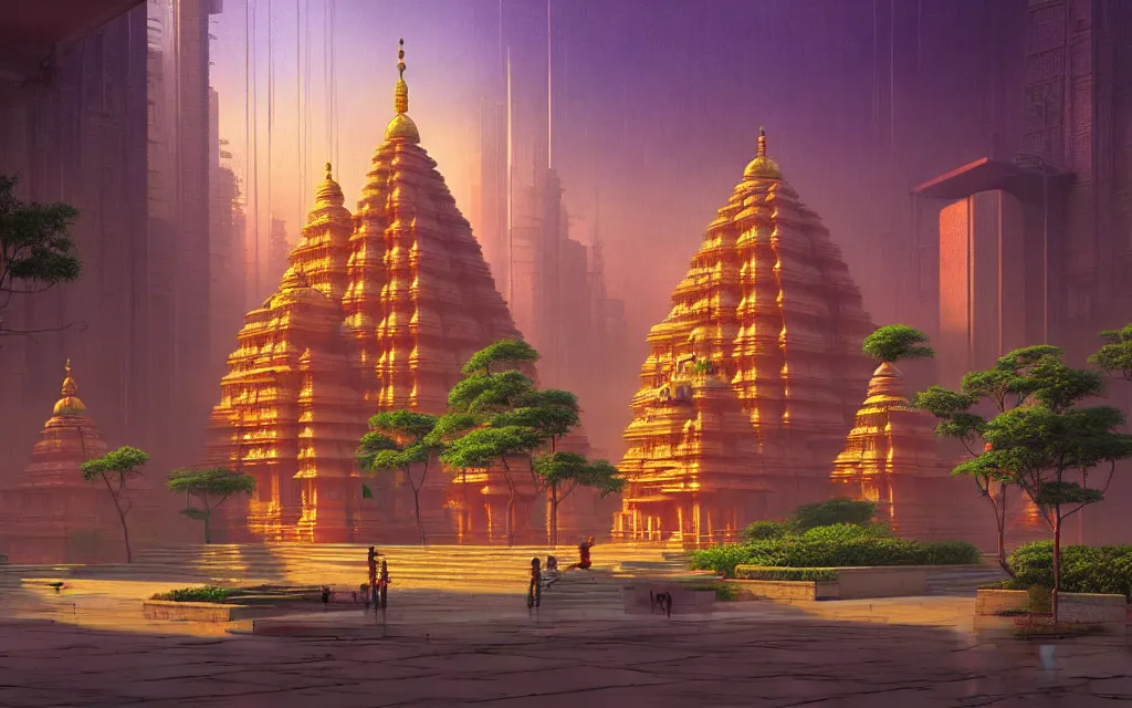 Prompt: cyberpunk indian temple, no people, city in background, drawn by feng zhu, sparse plants, dim painterly lighting volumetric aquatics, impasto