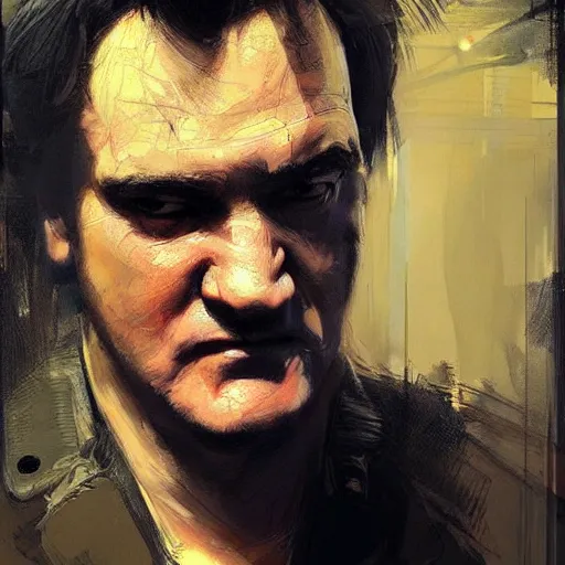 Image similar to A realistic hyperdetailed wide-shot digital oil portrait painting of an quentin tarantino in the style of Guy Denning, Ruan Jia, and Craig Mullins. Trending on ArtStation, DeviantArt, and Instagram. CGSociety Digital art. quentin tarantino.