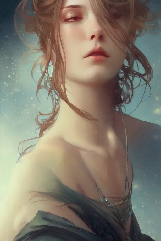 Image similar to final fantsy, digital painting, portrait, elegant, cinematic lighting, mysterious, highly detailed, artstation, concept art, illustration, smooth, sharp focus, editor's pickup, trending on artstation, trending on deviantart, alphonse mucha, WLOP