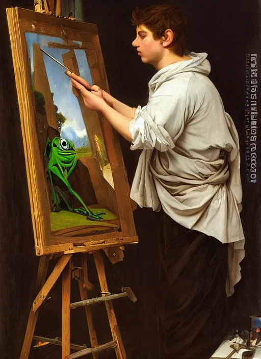 Prompt: a young painter in his studio painting a picture of pepe the frog, by edgar maxence and caravaggio and michael whelan and delacroix style, artistic, intricate drawing, cinematic lighting, hyper realistic, extremely detailed, establishing shot, 8 k resolution, dramatic lighting