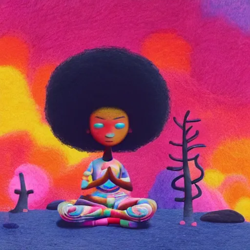 Prompt: a black girl with a colorful afro and big beautiful eyes meditating in an african zen garden with a waterfall!! and a baobab tree, bokeh!, bright colors, synthwave, watercolor, volumetric wool felting, felt, macro photography, children illustration, by goro fujita