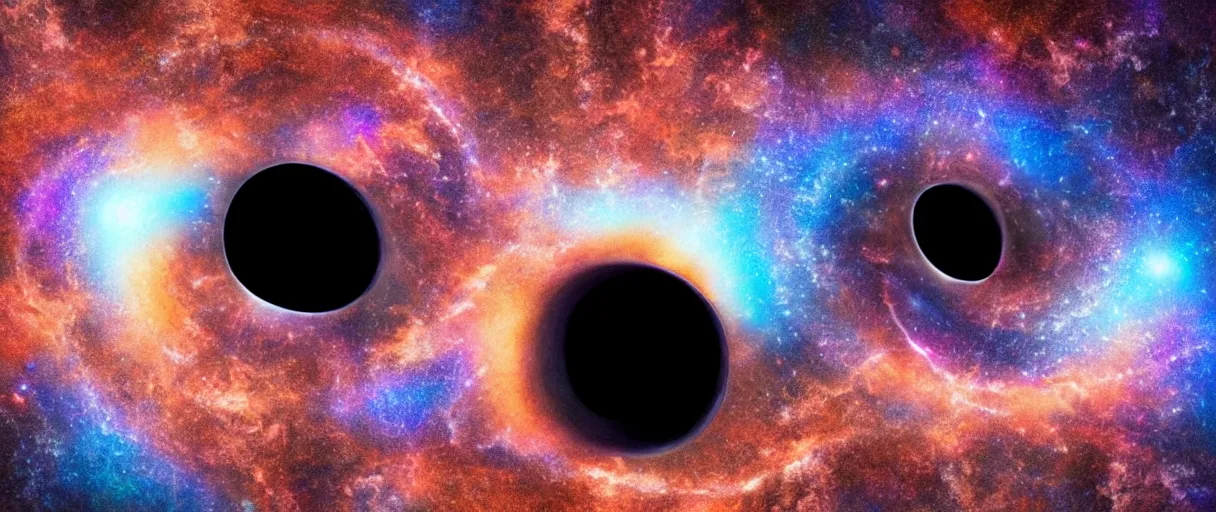 Image similar to realistic photo of one black hole in space, organic, drawn symbols, volumetric, particles, physical, translucence, cinematic lighting, iridescence