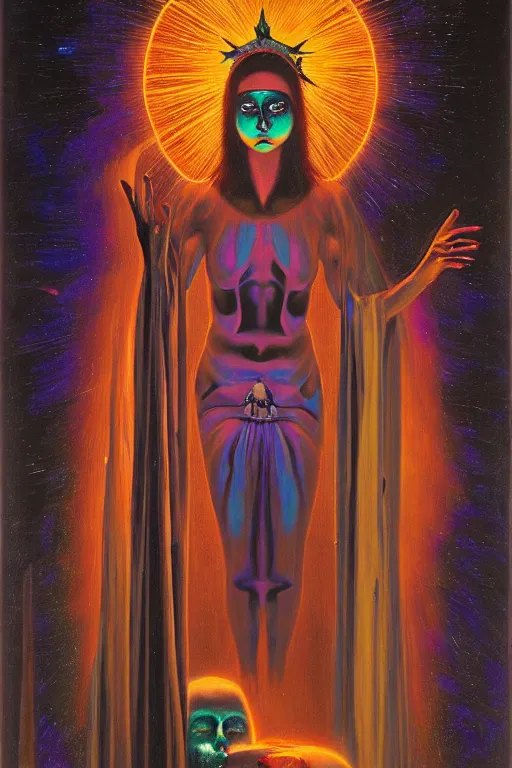 Prompt: gorgeous robed cult girl performing realism third eye ritual, dark theme night time, expanding electric energy waves into the ethereal realm, epic surrealism 8k oil painting, portrait, perspective, high definition, post modernist layering, by Ernst Fuchs, Gerald Brom