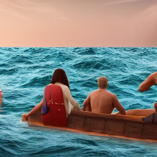 Prompt: four people stranded in the ocean on a wooden raft, ultra realistic, photorealism, 8 k, bokeh still from the movie