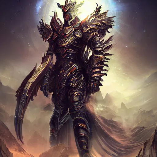 Prompt: dark fantasy concept of a celestial god, with cosmic armor on a mountain, cinematic, dynamic lighting, photorealistic, ultra detailed, trending on art station, stunning visuals, creative, hyper detailed
