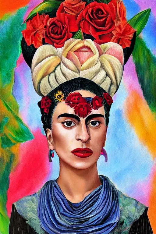 Prompt: Lady Gaga in Frida Kahlo painting style