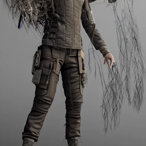 Image similar to bohemian techwear clothing, cyberpunk clothing made with natural materials, earth tones, warm colors, natural background with plants 3 d, octane render, product render, fashion photography, beautiful, fashion, intricate, highly detailed, 8 k, cycles render, dynamic, modeled