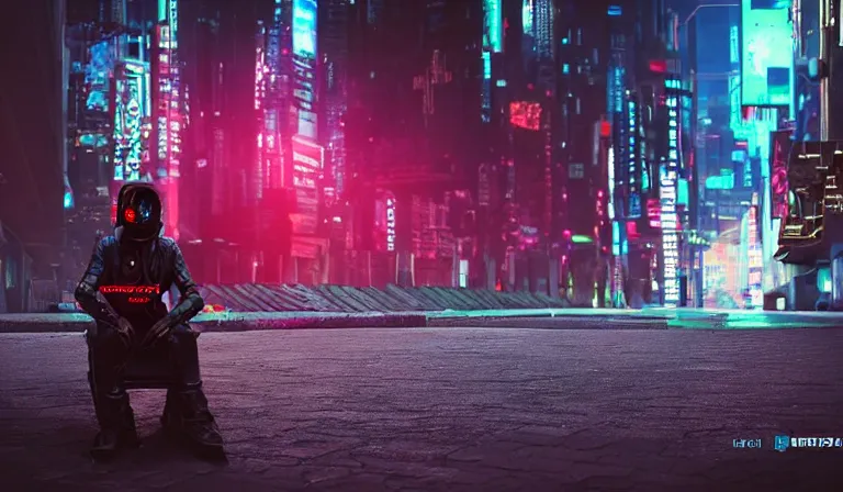 Image similar to neon cyberpunk knight armor sitting on a bench in the middle of a cyberpunk city alone, close shot, 8k, cinematic, epic, ultra detailed, award winning, trending on artstationHD, dramatic